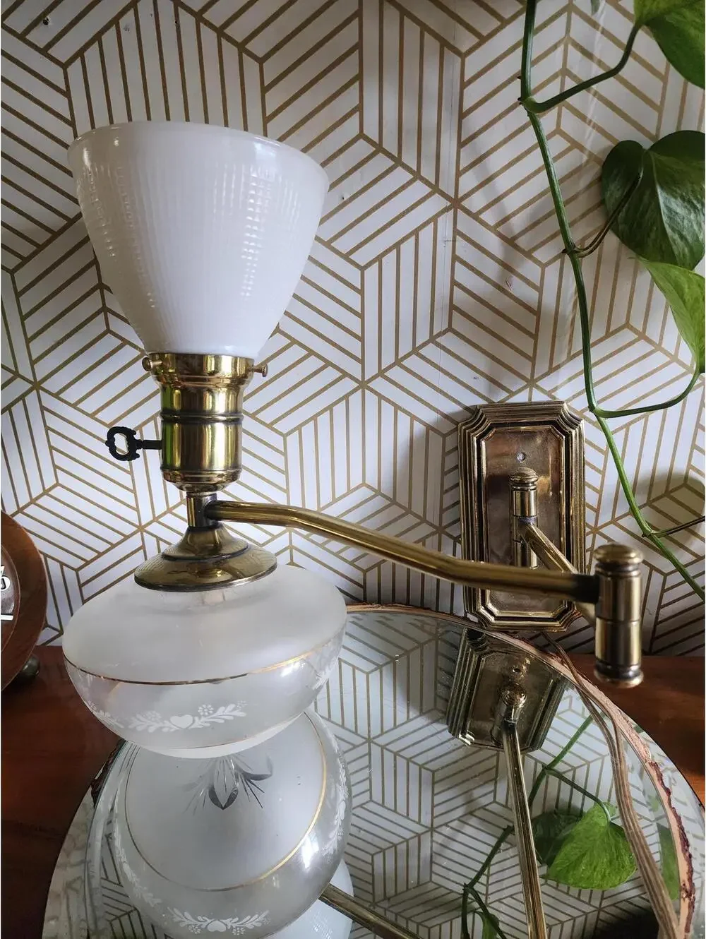 Vintage Brass and Etched Glass Swing Arm Wall 2 Way Lamp